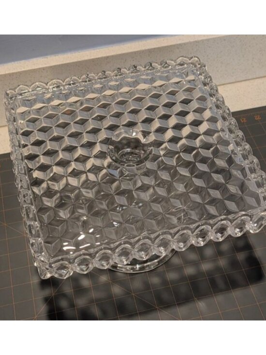 Vintage Fostoria American Clear Glass Square Cake Stand Cubist Pattern Rum Well - Picture 10 of 16